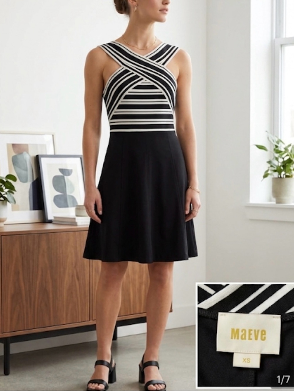 Maeve Black and White Striped Fit-and-Flare Dress